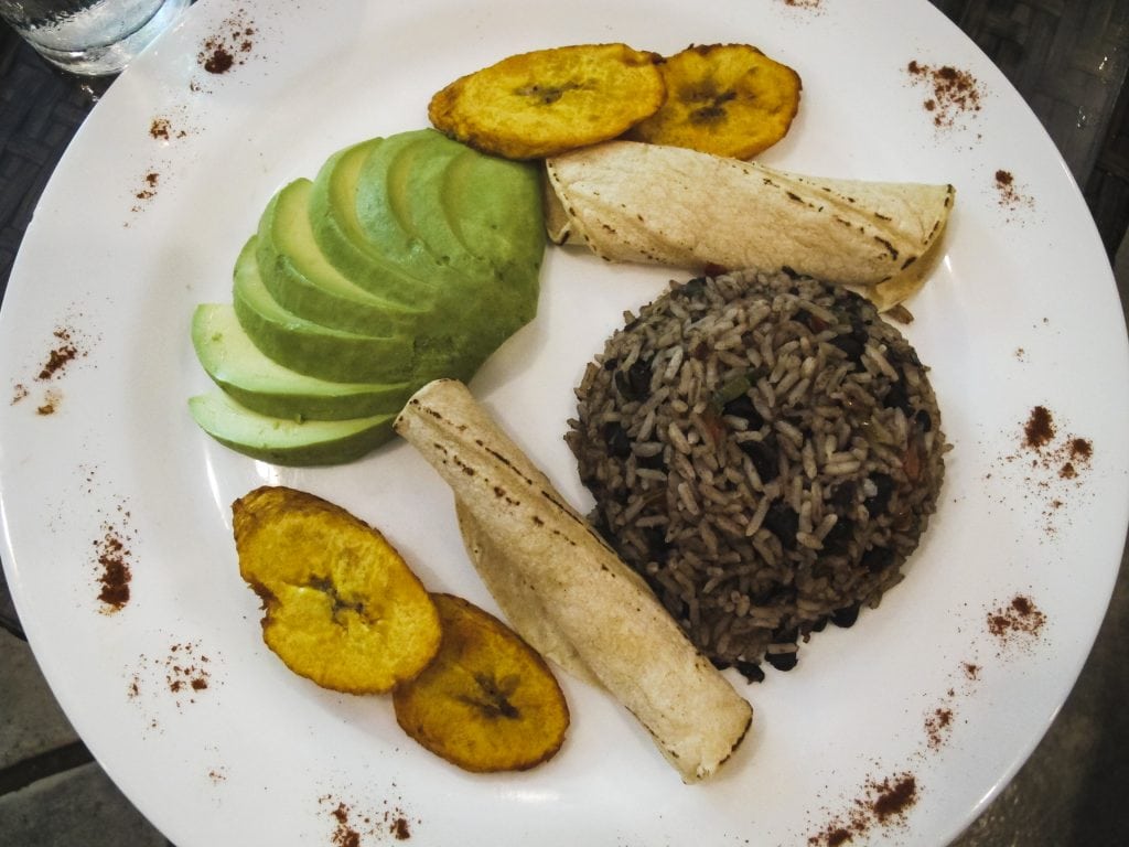 A casado with avocado, rice and beans, plantains, and tortillas in Montezuma, Costa Rica. Vegetarians rejoice!