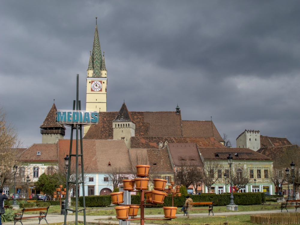 Medias, Romania and St. Margaret's Church in the middle of Piata Regele Ferdinand