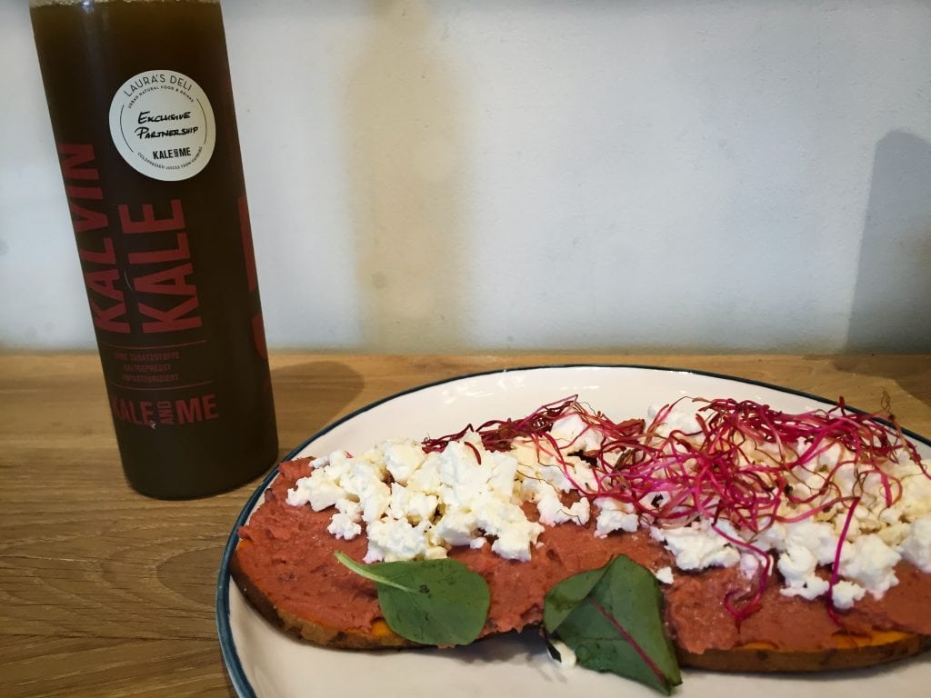 Sweet potato toast and green juice at Laura's Deli in Dusseldorf