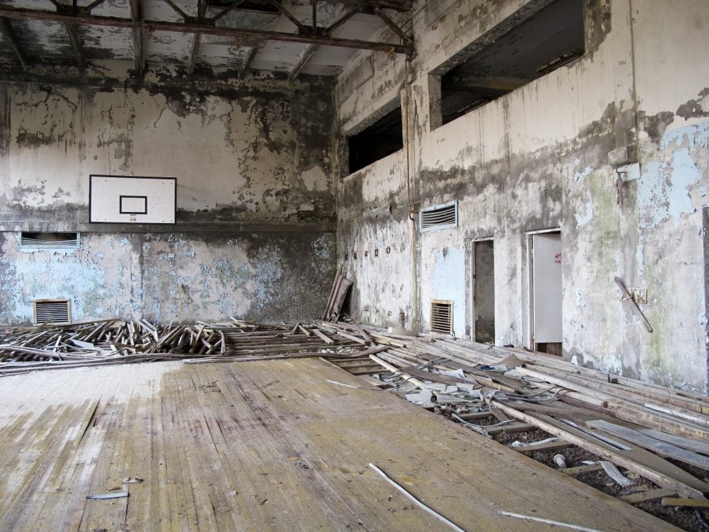 Visiting the Chernobyl Exclusion Zone; gym in Pripyat, Ukraine