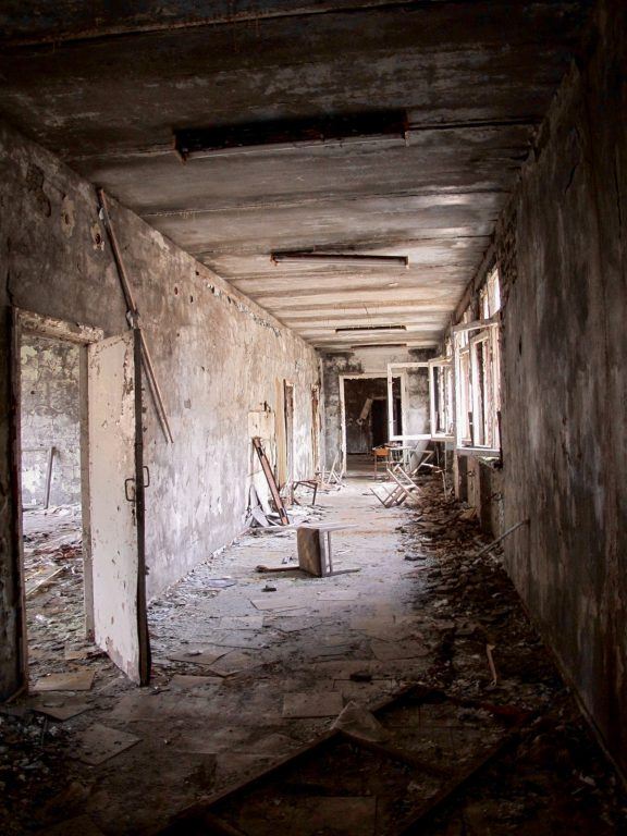 Visiting the Chernobyl Exclusion Zone; hallway in Pripyat, Ukraine