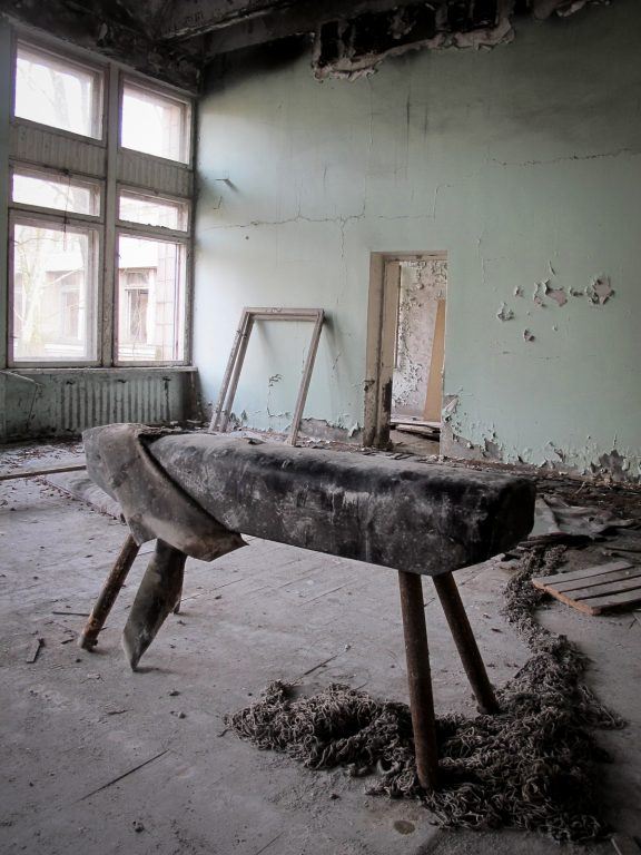 Visiting the Chernobyl Exclusion Zone; gym inside school in Pripyat, Ukraine
