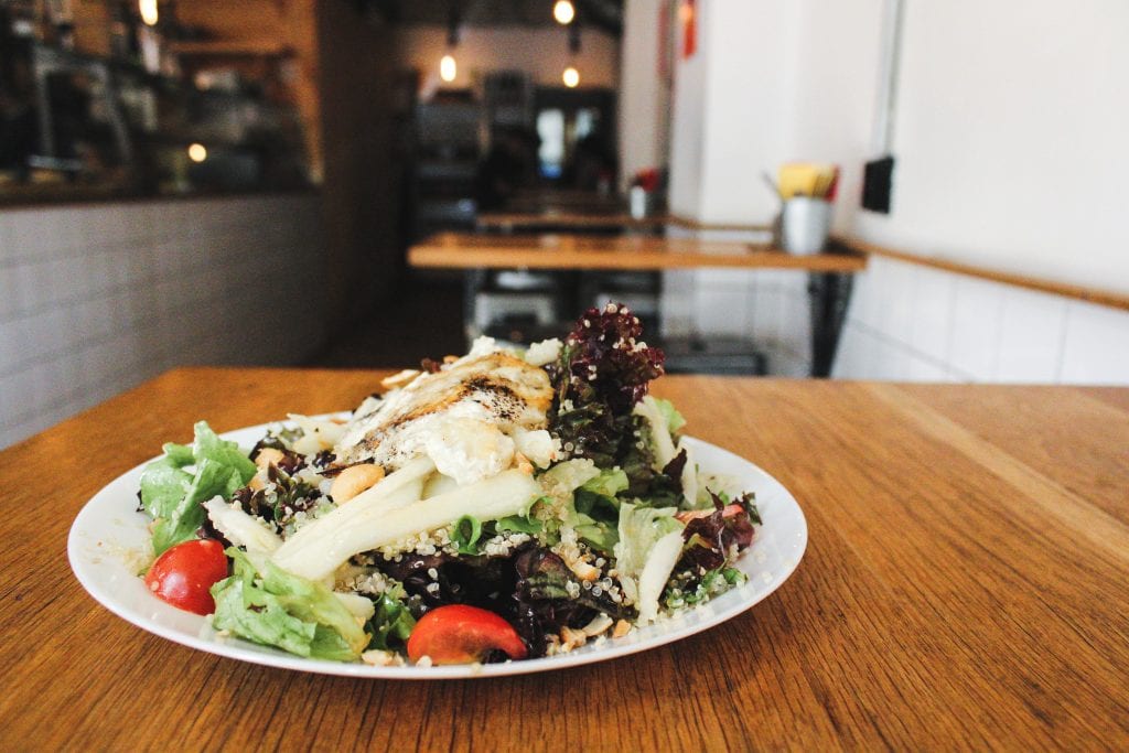 Goat cheese, pear, and cashew salad at Fabrika Daga cafe in Sofia, Bulgaria