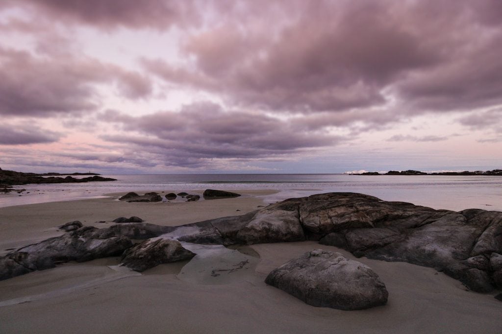 gimsøy beach in lofoten islands in norway with pink skies