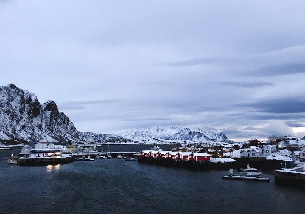svinøya rorbuer in svolvær in lofoten islands norway from above during polar nights in december