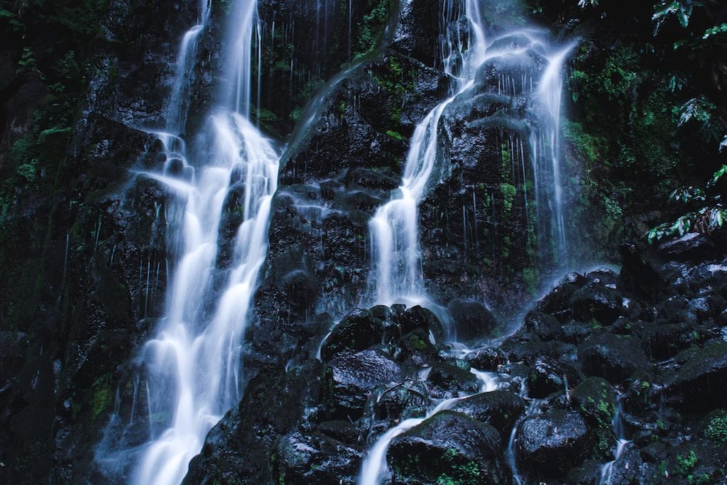 Parque Natural da Ribeira dos Caldeiroes waterfall in Sao Miguel, Azores 
