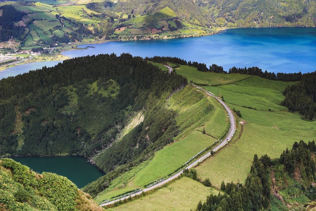 Sete Cidades crater volcanic lake Sao Miguel, Azores from above