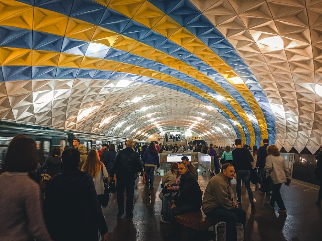 sportyvna metro station with ukrainian flag colors in kharkiv, ukraine