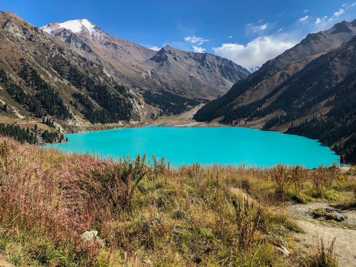 wide angle photo of big almaty lake in kazakhstan