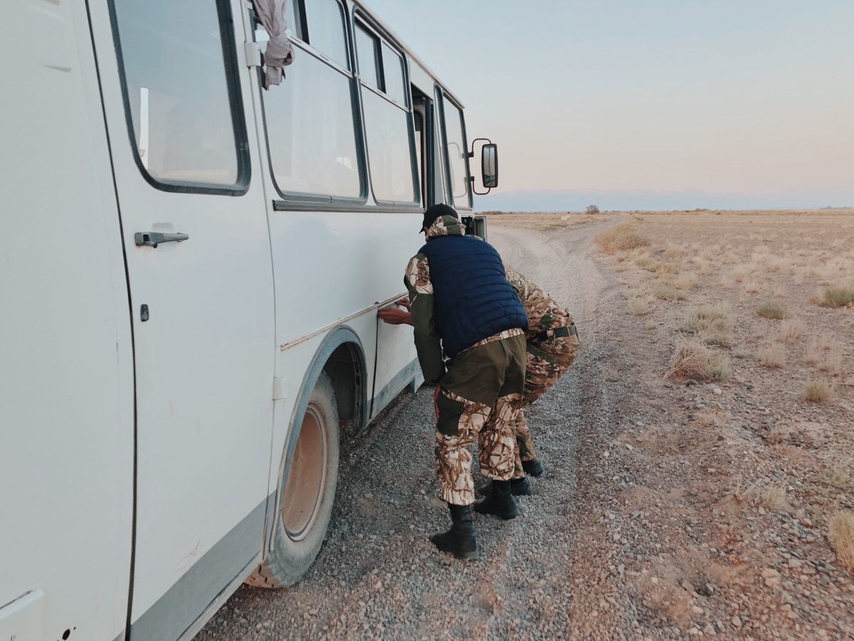 Singing Dunes Altyn Emel National Park Kazakhstan door fell off police vehicle