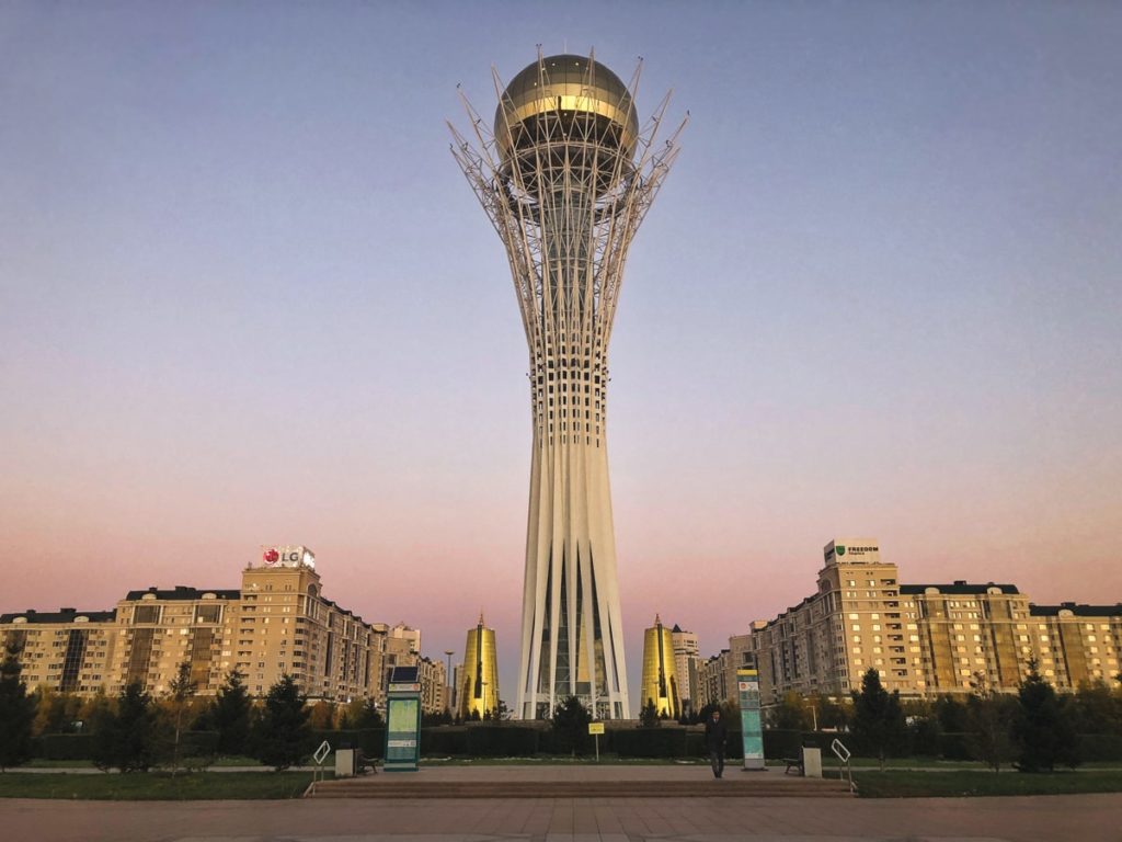 baiterek at sunset in astana kazahstan