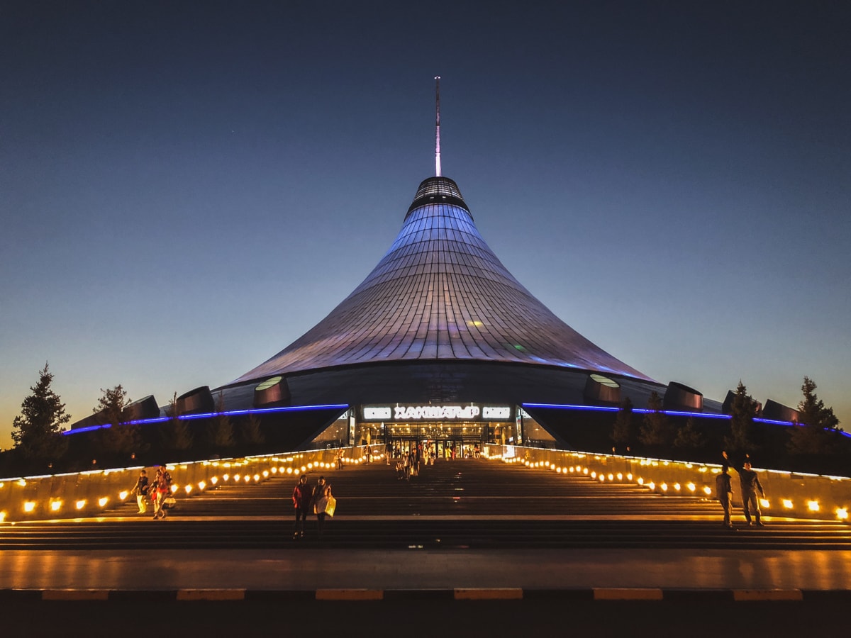 khan shatyr mall at dusk in astana kazakhstan