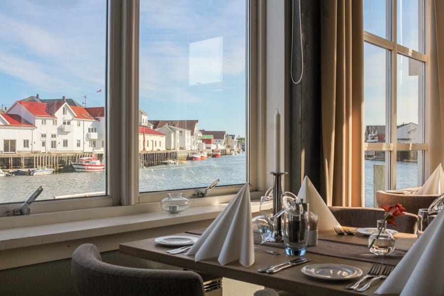 View at Henningsvær Bryggehotel restaurant in Henningsvær, Norway Lofoten Islands