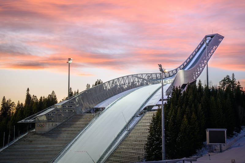 Oslo Norway Holmenkollen ski jump with colorful sky