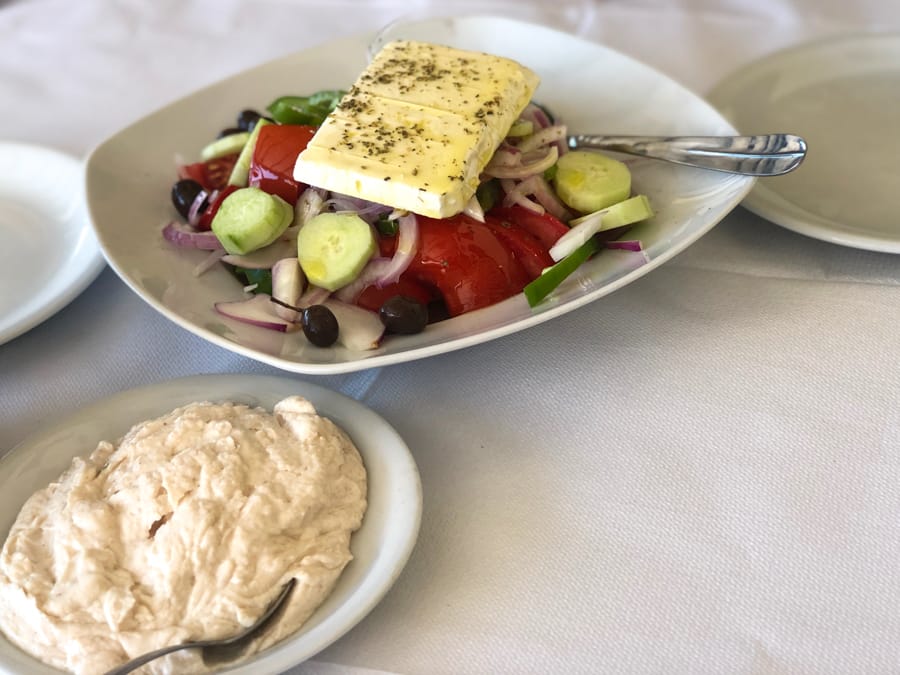 Amazing restaurant in Poros, Greece: taramasalata and a Greek Salad