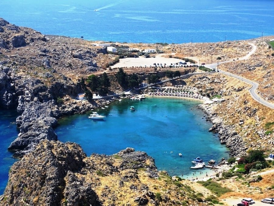 St Pauls's beach from above Lindos Rhodes - best places to visit in greece