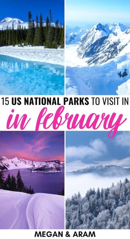 15 Best National Parks to Visit in February (+ Seasonal Tips): Are you looking for the best national parks to visit in February? This guide details fifteen great US National Parks to visit in February and gives many tips. | Places to visit in USA | USA National Parks | America National Parks | Yosemite in Winter | Grand Canyon in Winter | National Parks to visit in Winter | USA Winter | Crater Lake winter | Great Smoky Mountains winter | Joshua tree winter | Acadia winter