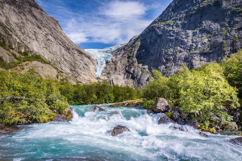 Briksdal glacier in Norway wel known arm of the large Jostedalsbreen glacier in Oldedalen valley in Norway