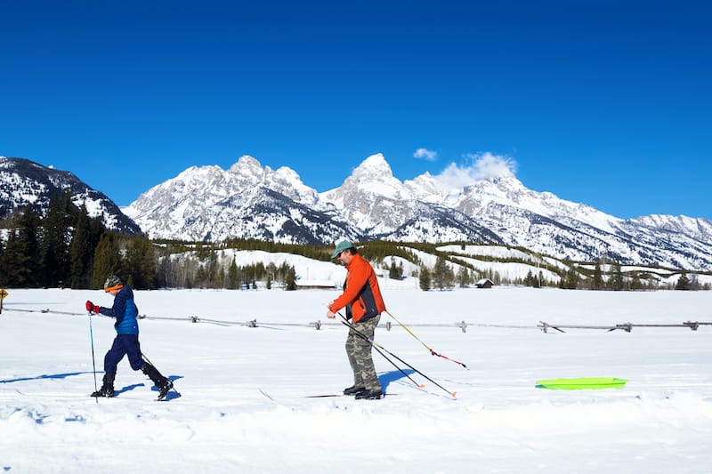 Family Cross-country skiing in Grand Teton National Park in winter