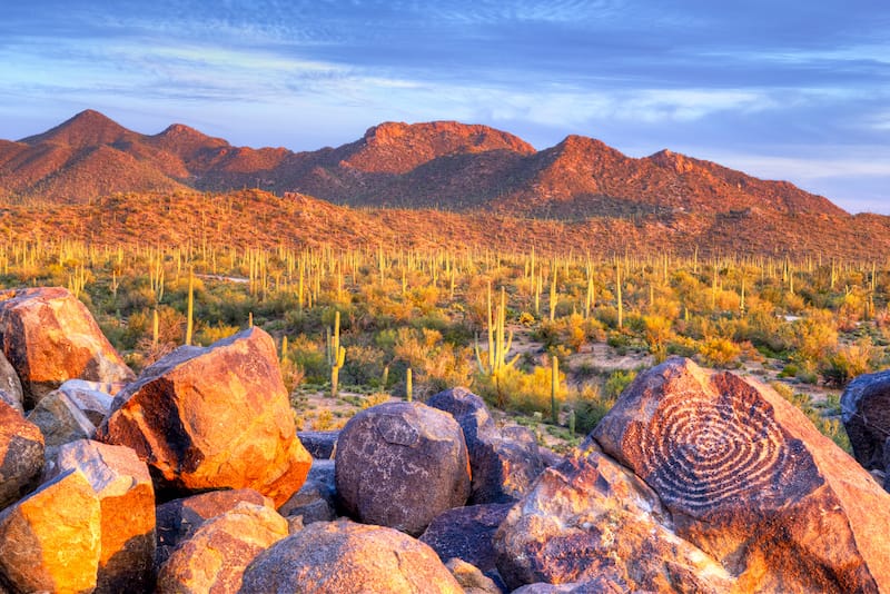 Hohokam Petroglyphs, on Signal Hill in Saguaro National Park, at sunset