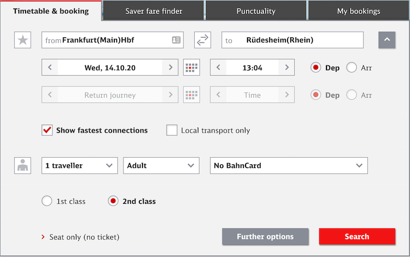 Timetable from Frankfurt to Rudesheim