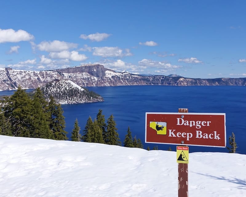 Crater Lake during winter sign