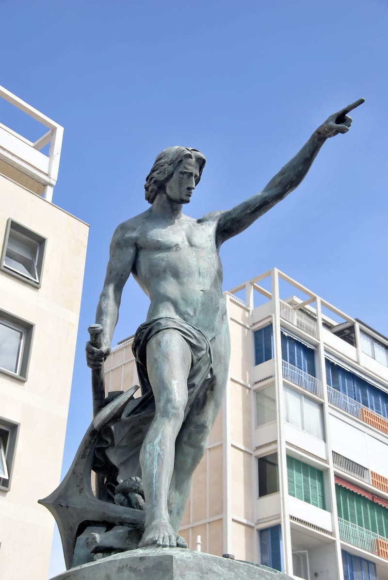 Genius of navigation. Bronze statue in Toulon, France. Blue Coast