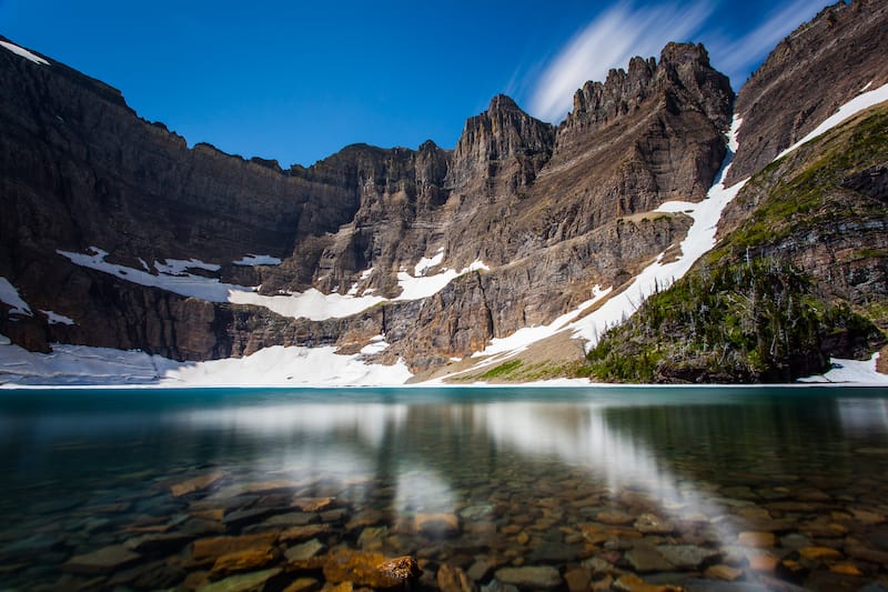 Long exposure shot of iceberg lake, Glacier national park, montana