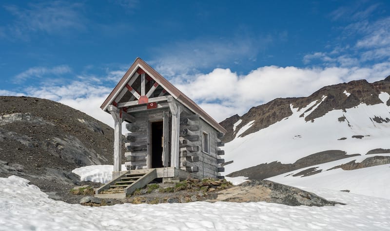 The Harding Icefield Shelter provides weary hikers in Kenai Fjords National Park with respite from the weather in Alaska, USA.