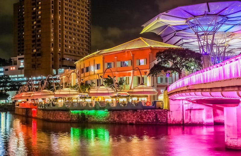 The past and the future. Night view to Clarke Quay. Singapore