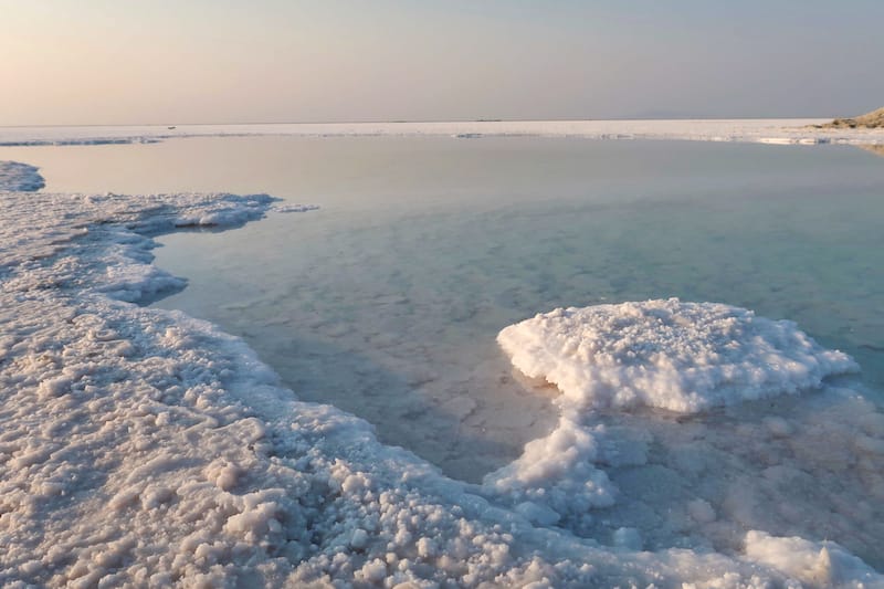 Landscape of salt formations and water at the Bonneville Salt Flats in Utah