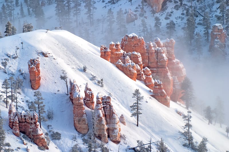 Bryce Canyon Hoodoos in the fog during winter