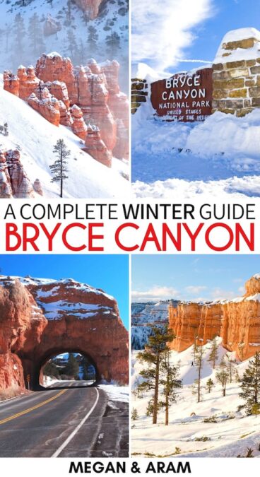 Planning a trip to Bryce Canyon in winter? This guide tells you things to do and what is open (or closed!) during winter in Bryce Canyon National Park. | Bryce Canyon winter | Bryce Canyon National Park winter | Bryce Canyon itinerary | Things to do in Bryce Canyon in winter | Snowshoeing in Bryce Canyon | Winter hiking Bryce Canyon | Utah in winter | Inspiration Point in winter | Snowmobiling Bryce Canyon | Ice fishing Bryce Canyon | Trails Bryce Canyon