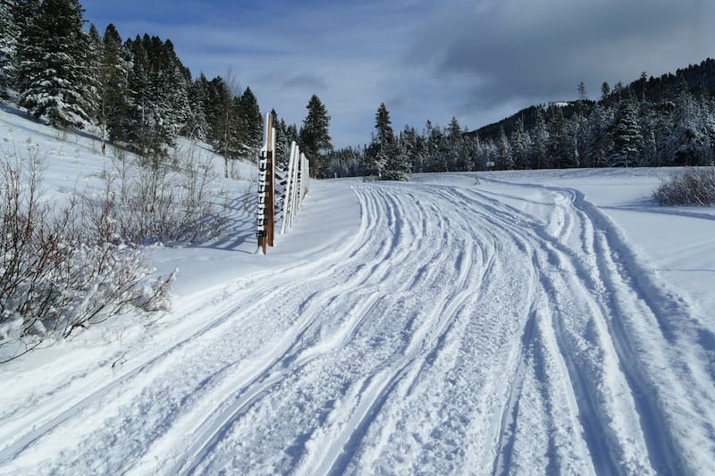 Winter snowmobile tracks in Idaho