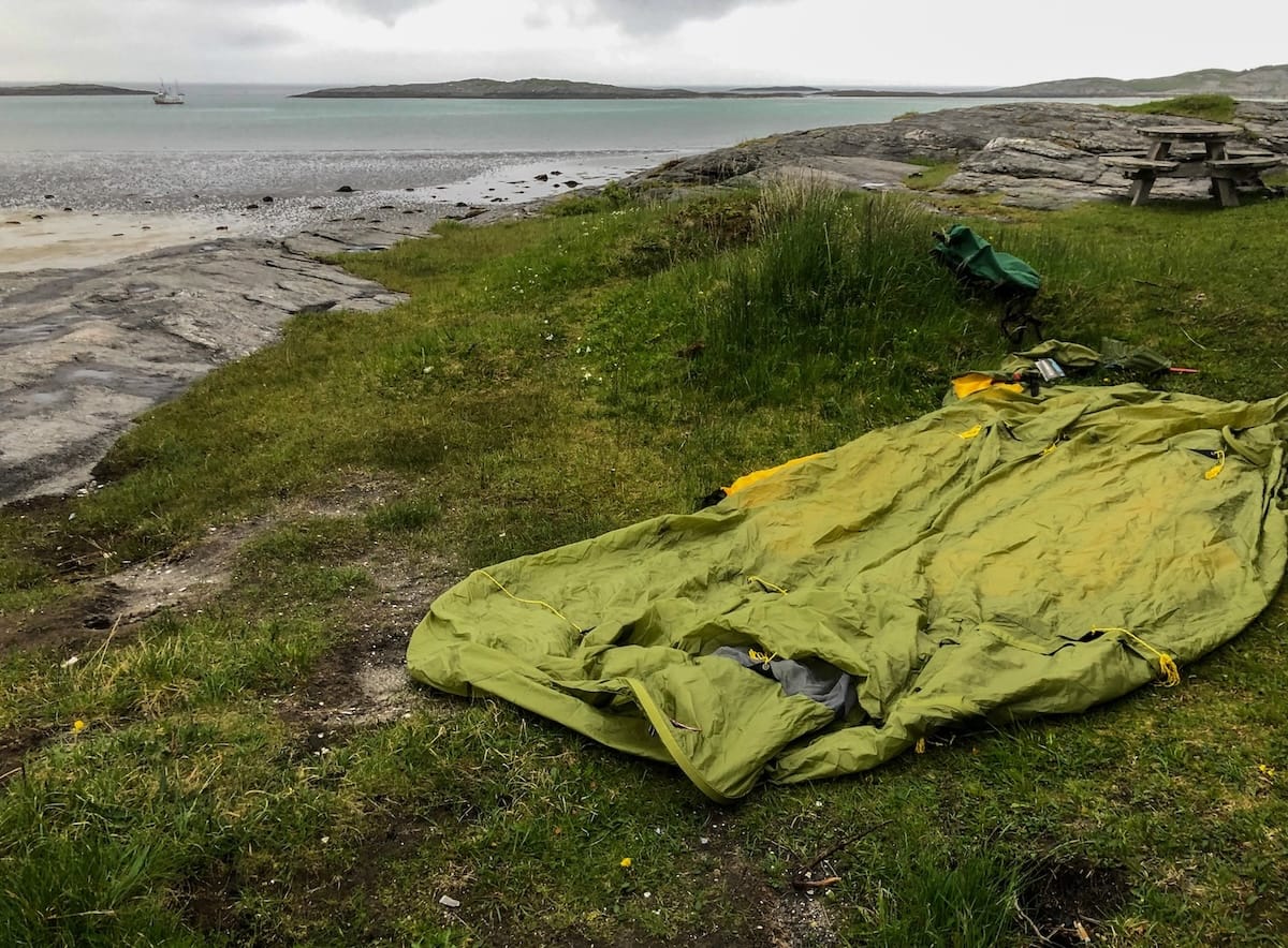 A photo of a tent not up at a Norwegian beach with moody skies