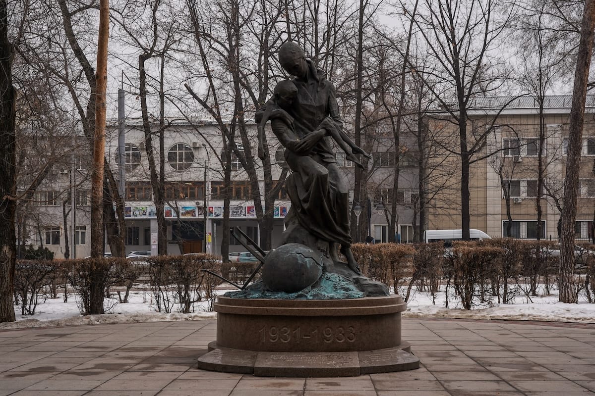 a memorial in Almaty in the snow dedicated to a famine in the early 20th century