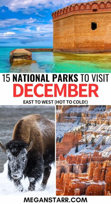 15 Best National Parks to Visit in December (+ Useful Tips): Are you looking for the best national parks to visit in December? This guide details fifteen great US National Parks to visit in December and gives many tips. | Places to visit in USA | USA National Parks | America National Parks | Yellowstone in Winter | Grand Canyon in Winter | National Parks to visit in Winter | USA Winter 