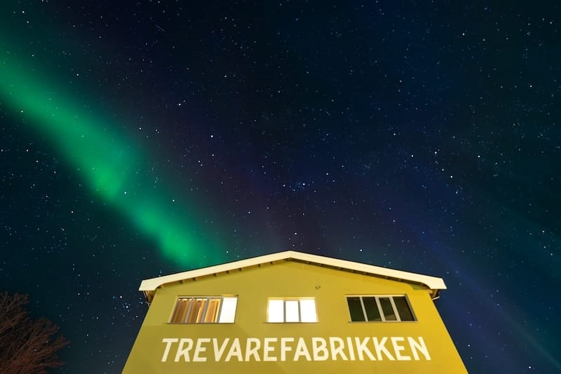 Outside aurora at Trevarefabrikken