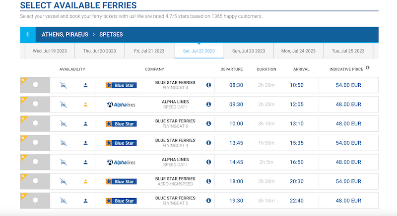 how to book a ferry ticket to spetses
