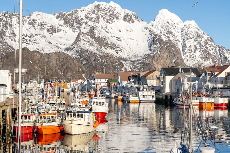 The iconic Henningsvær harbor in early spring