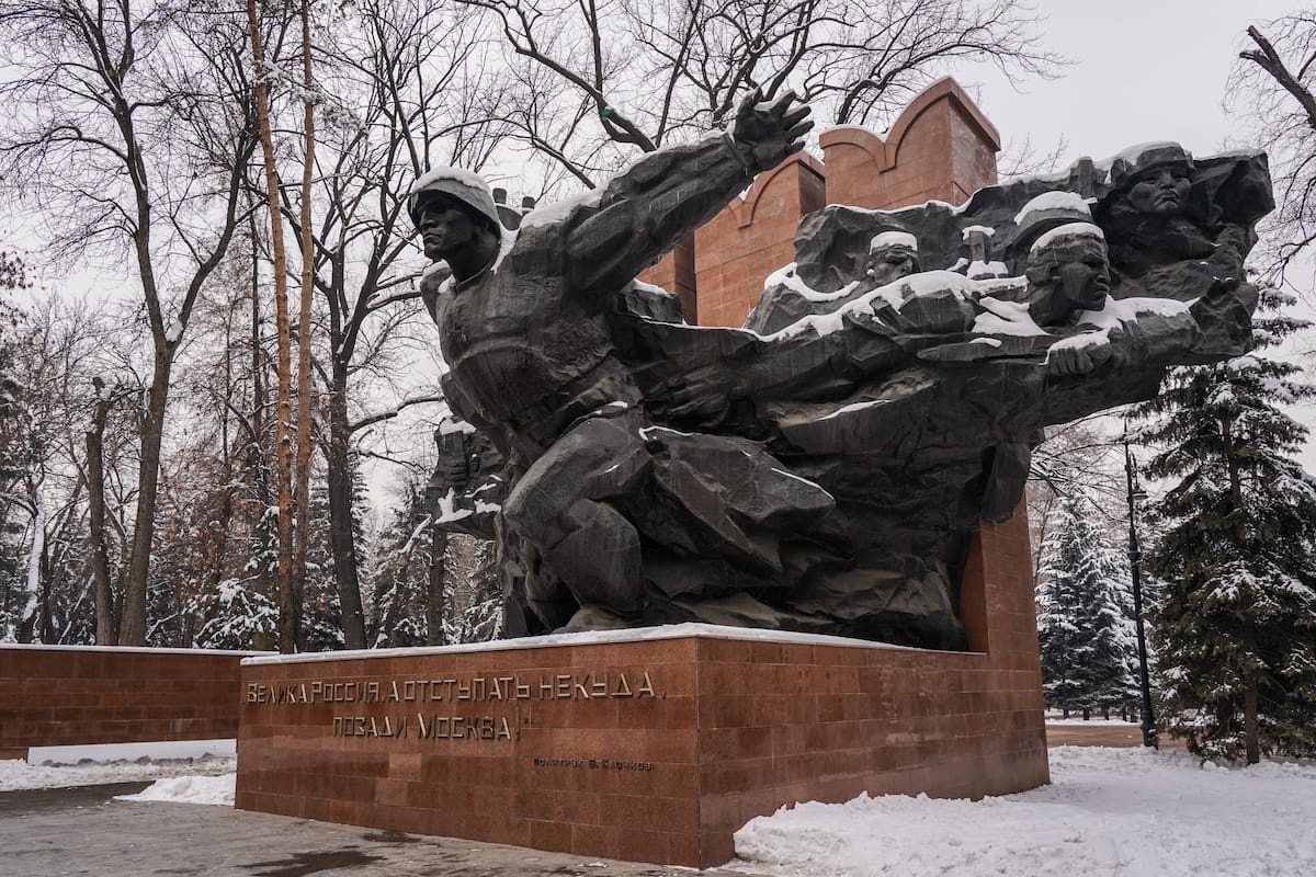 a large WWII memorial bas relief in almaty in the snow