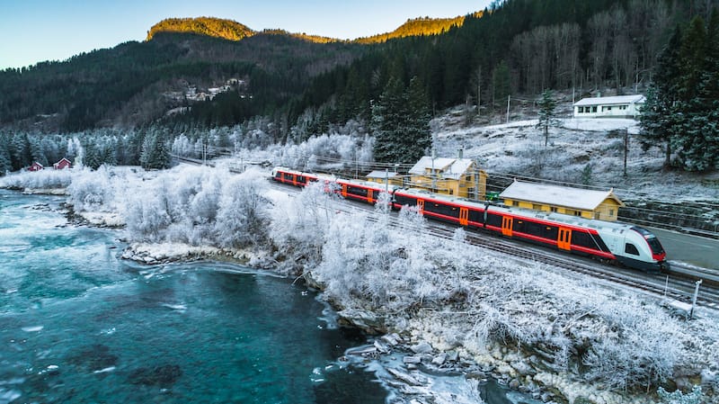 Winter scenery on the train from Bergen to Oslo