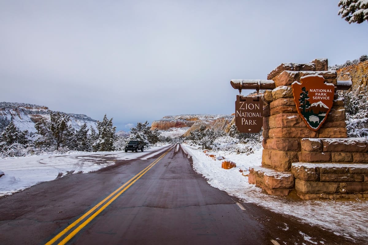 Zion in winter entrance to the park