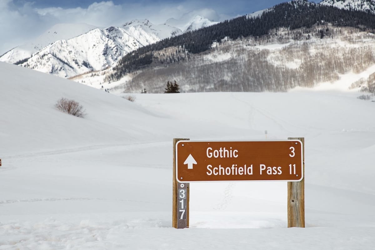 Gothic, Colorado sign on a snowy mountain