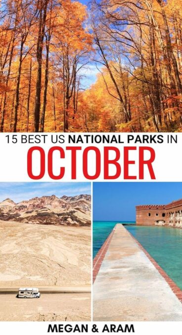 Are you looking to visit some of the best national parks in October? This guide discloses the best US National Parks in fall, including travel tips for your journey! | US national parks in fall | Grand Canyon in October | Yosemite in October | Shenandoah in October | Arches National Park in October | Acadia in October | Smoky Mountains in October | Everglades in October | Yosemite in fall | Grand Canyon in fall | Saguaro in fall | Shenandoah in fall | Acadia in fall
