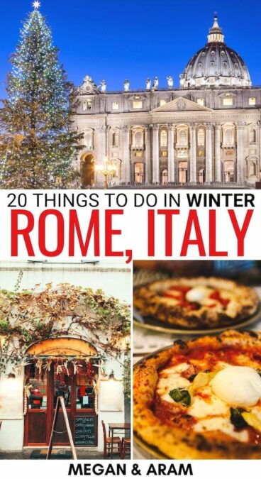 Are you looking for the best things to do in Rome in winter? This winter and Christmas in Rome travel guide will help you plan your trip! Learn more here! | Winter in Rome | Rome Christmas | Rome winter | Rome in December | Rome in January | Rome in February | Snow in Rome | Rome winter day trips | Day trips from Rome in winter | Things to do in Rome | What to do in Rome | Rome itinerary | Italy in winter | Italy at Christmas | Christmas in Italy