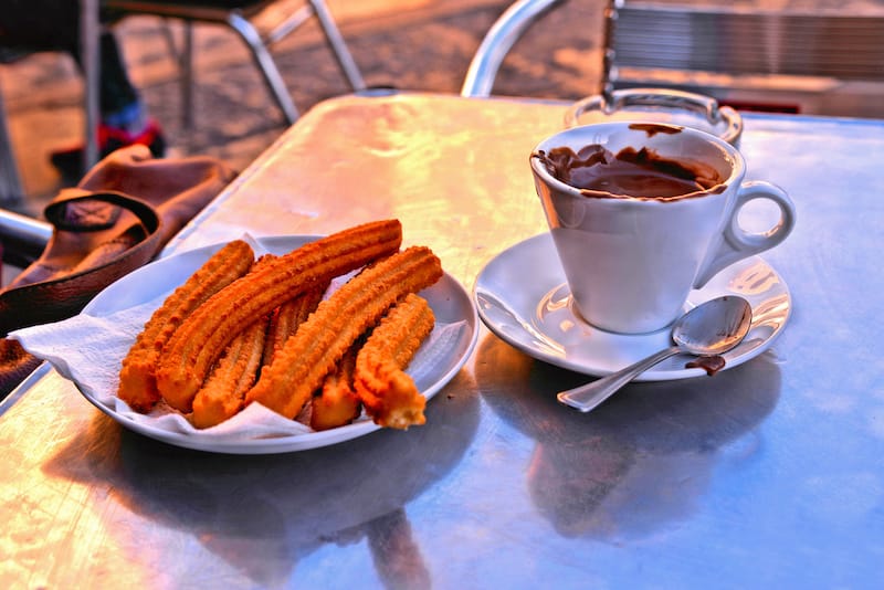 Churros and hot chocolate in winter