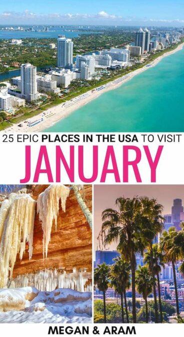 Are you looking for the best places to visit in the USA in January? This guide details top winter destinations in the US (and tips for each)! | Chicago in January | Los Angeles in January | Miami in January | Austin in January | San Francisco in January | Idaho in January | New Mexico in January | Arizona in January | Alaska in January | Hawaii in January | Chicago in winter | Philadelphia in January | Atlanta in January | Washington DC in January | Wisconsin in January