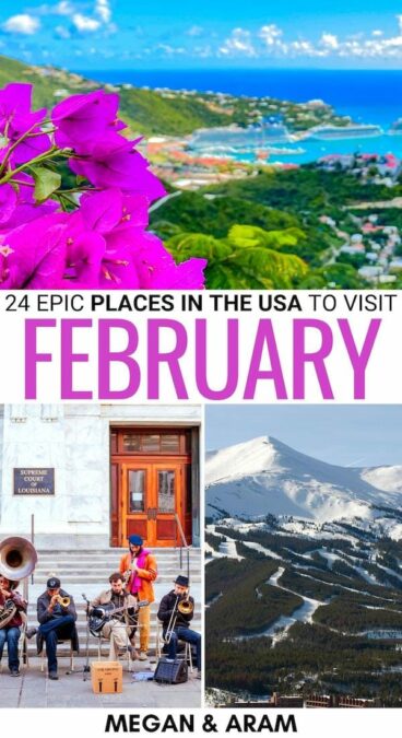 Are you looking for the best places to visit in February in the USA? This guide details some diverse (and amazing!) destinations in the US in February. Read on! | NYC in February | San Diego in February | San Antonio in February | Boston in February | Puerto Rico in February | USVI in February | Gatlinburg in February | New Orleans in February | Annapolis in winter | USVI in winter | Puerto Rico in winter | Big Sky in winter | Bend Oregon in winter | Salt Lake City in February