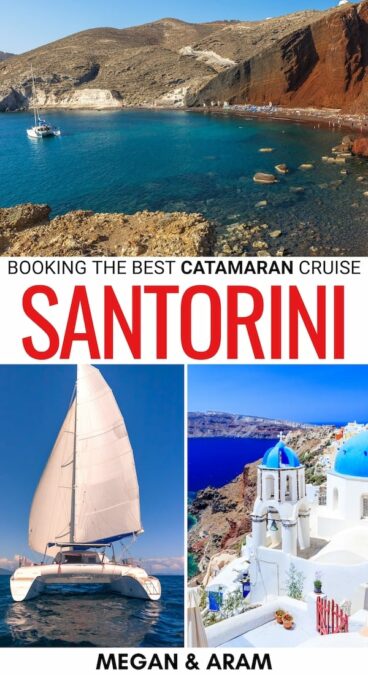 Looking for the best Santorini catamaran cruise for your Greece trip? We tell you how to book a Santorini boat trip at sunset and what to know before you go! | Santorini boat trip | Catamaran cruise in Santorini | Sunset boat trip in Santorini | Santorini boat tours | what to do in Santorini | things to do in Santorini | Santorini tours